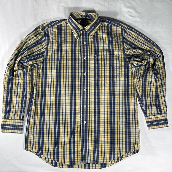 Izod mens yellow blue white tartan plaid long sleeve button down shirt - size M - Picture 2 of 8